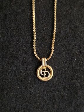 VTG Christian Dior Gold-Tone CD Logo Circle Pendant Necklace Hallmarked